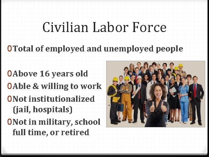 Civilian Labor Force 0 Total of employed and unemployed people 0 Above 16 years
