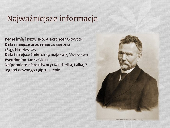 Najważniejsze informacje Pełne imię i nazwisko: Aleksander Głowacki Data i miejsce urodzenia: 20 sierpnia