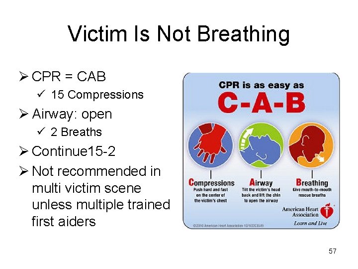 Victim Is Not Breathing Ø CPR = CAB ü 15 Compressions Ø Airway: open