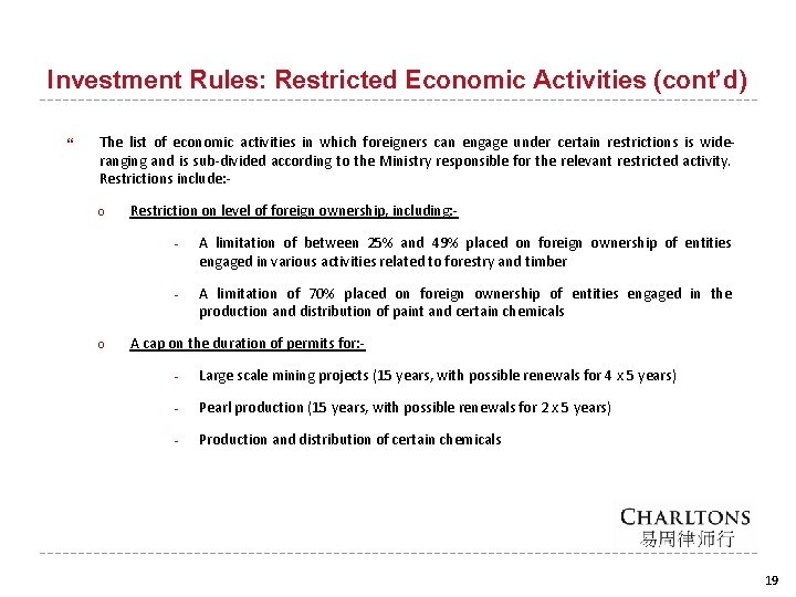 Investment Rules: Restricted Economic Activities (cont’d) The list of economic activities in which foreigners