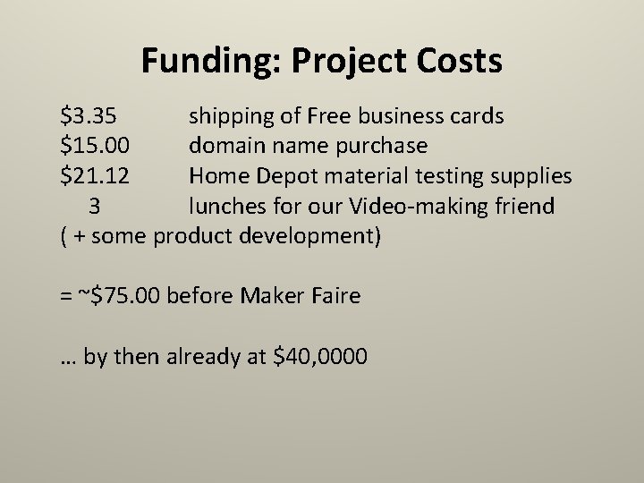Funding: Project Costs $3. 35 shipping of Free business cards $15. 00 domain name