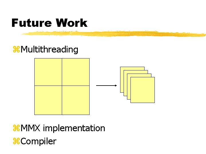 Future Work z. Multithreading z. MMX implementation z. Compiler 