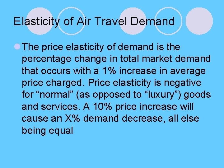 Elasticity of Air Travel Demand l The price elasticity of demand is the percentage