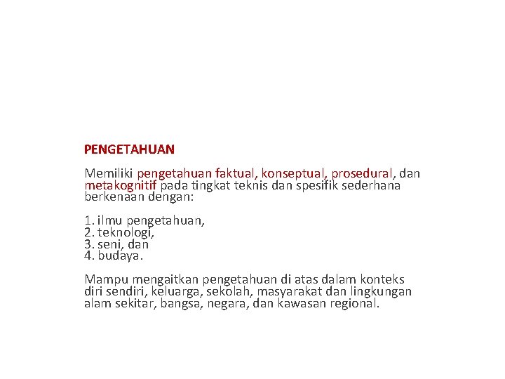 BUTIR SKL (2) PERMENDIKBUD NO. 20 TAHUN 2016 PENGETAHUAN Memiliki pengetahuan faktual, konseptual, prosedural,