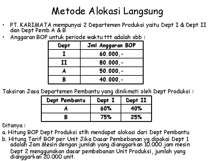 Metode Alokasi Langsung • PT. KARIMATA mempunyai 2 Departemen Produksi yaitu Dept I &