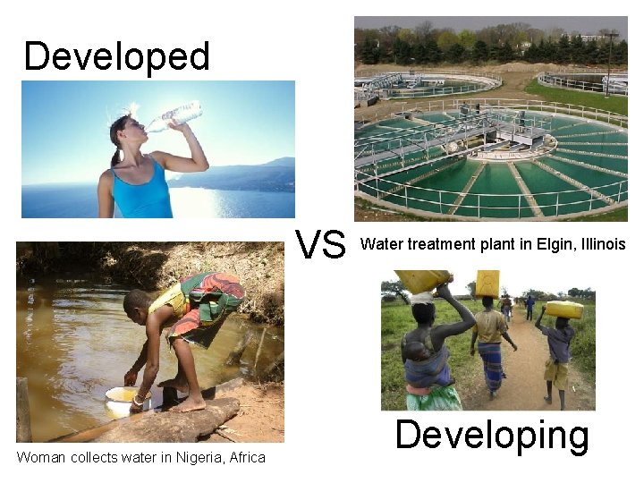 Developed VS Woman collects water in Nigeria, Africa Water treatment plant in Elgin, Illinois