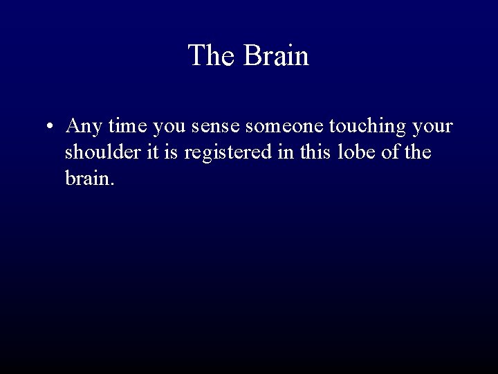 The Brain • Any time you sense someone touching your shoulder it is registered