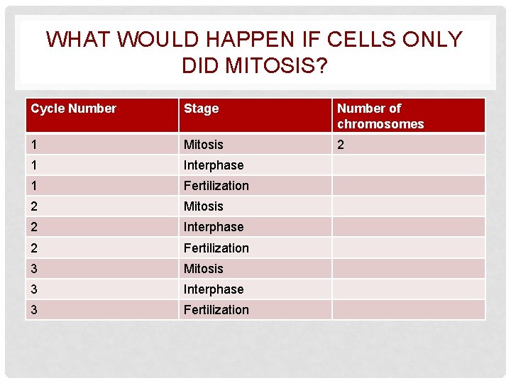 WHAT WOULD HAPPEN IF CELLS ONLY DID MITOSIS? Cycle Number Stage Number of chromosomes
