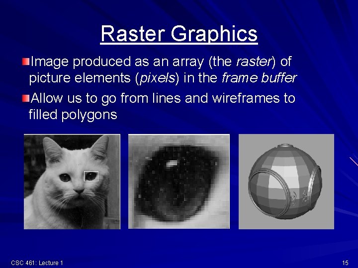 Raster Graphics Image produced as an array (the raster) of picture elements (pixels) in