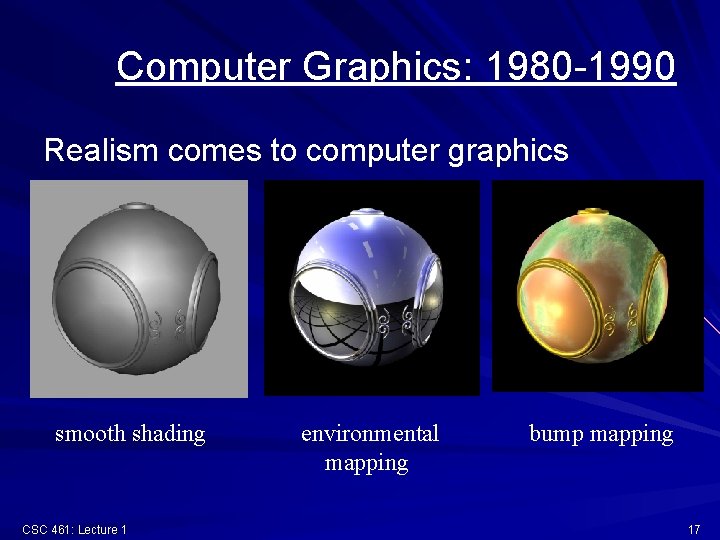 Computer Graphics: 1980 -1990 Realism comes to computer graphics smooth shading CSC 461: Lecture
