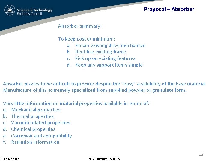 Proposal – Absorber summary: To keep cost at minimum: a. Retain existing drive mechanism