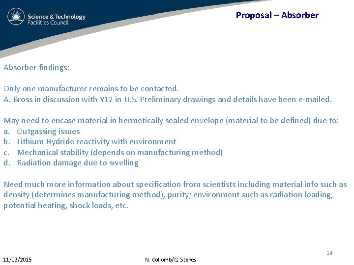 Proposal – Absorber findings: Only one manufacturer remains to be contacted. A. Bross in