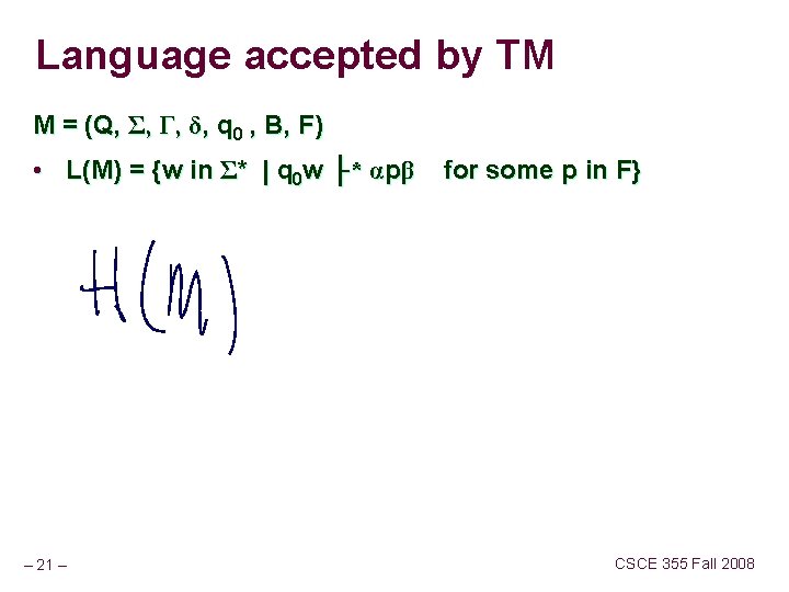 Language accepted by TM M = (Q, Σ, Γ, δ, q 0 , B,
