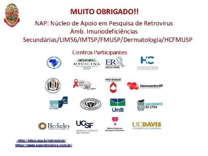 MUITO OBRIGADO!! NAP: Núcleo de Apoio em Pesquisa de Retrovirus Amb. Imunodeficiências Secundárias/LIM 56/IMTSP/FMUSP/Dermatologia/HCFMUSP