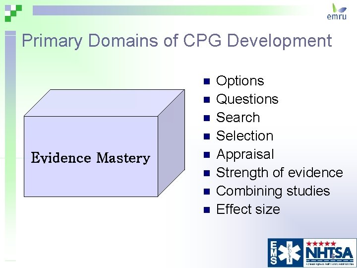 Primary Domains of CPG Development n n Evidence Mastery n n Options Questions Search