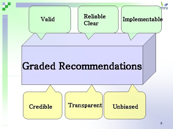 Valid Reliable Clear Implementable Graded Recommendations Credible Transparent Unbiased 9 