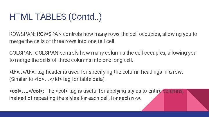 HTML TABLES (Contd. . ) ROWSPAN: ROWSPAN controls how many rows the cell occupies,