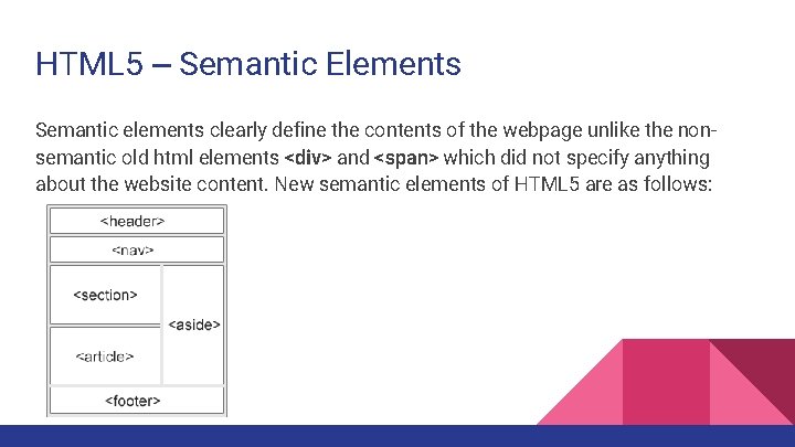 HTML 5 – Semantic Elements Semantic elements clearly define the contents of the webpage