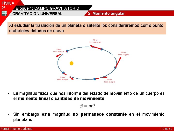 FÍSICA 2º Bloque 1: CAMPO GRAVITATORIO GRAVITACIÓN UNIVERSAL 2. Momento angular Al estudiar la