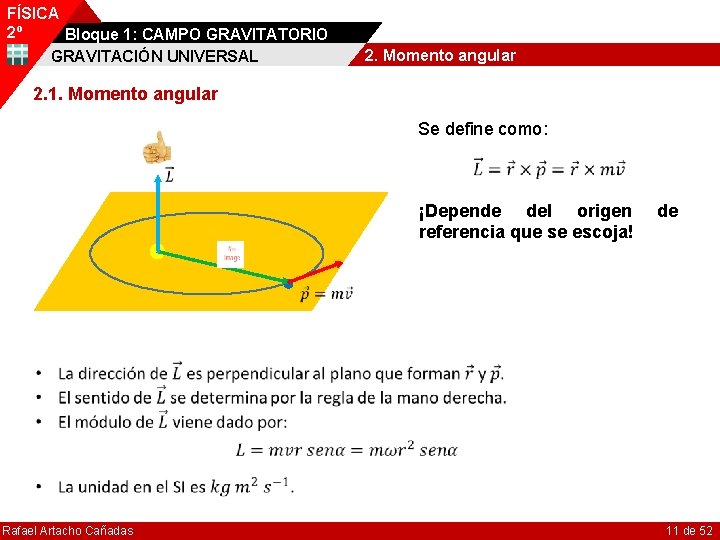 FÍSICA 2º Bloque 1: CAMPO GRAVITATORIO GRAVITACIÓN UNIVERSAL 2. Momento angular 2. 1. Momento