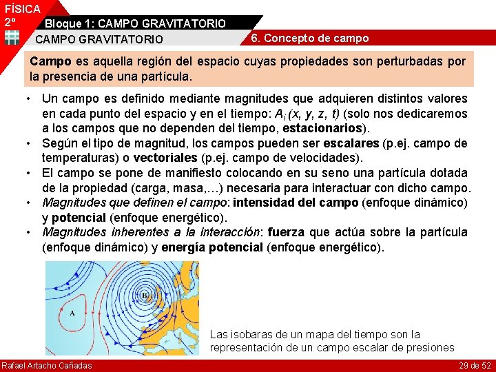 FÍSICA 2º Bloque 1: CAMPO GRAVITATORIO 6. Concepto de campo Campo es aquella región