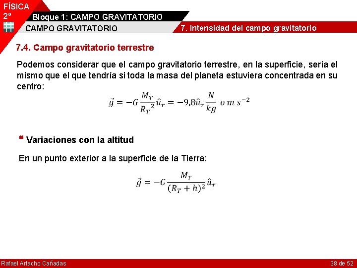 FÍSICA 2º Bloque 1: CAMPO GRAVITATORIO 7. Intensidad del campo gravitatorio 7. 4. Campo