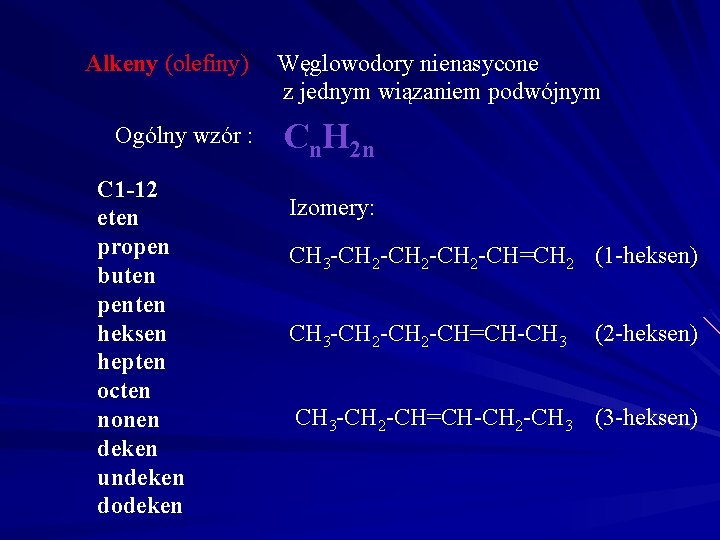 Alkeny (olefiny) Ogólny wzór : C 1 -12 eten propen buten penten heksen hepten Alkeny (olefiny) Ogólny wzór : C 1 -12 eten propen buten penten heksen hepten