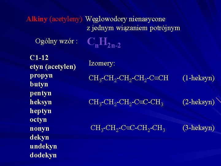 Alkiny (acetyleny) Węglowodory nienasycone z jednym wiązaniem potrójnym Ogólny wzór : C 1 -12 Alkiny (acetyleny) Węglowodory nienasycone z jednym wiązaniem potrójnym Ogólny wzór : C 1 -12