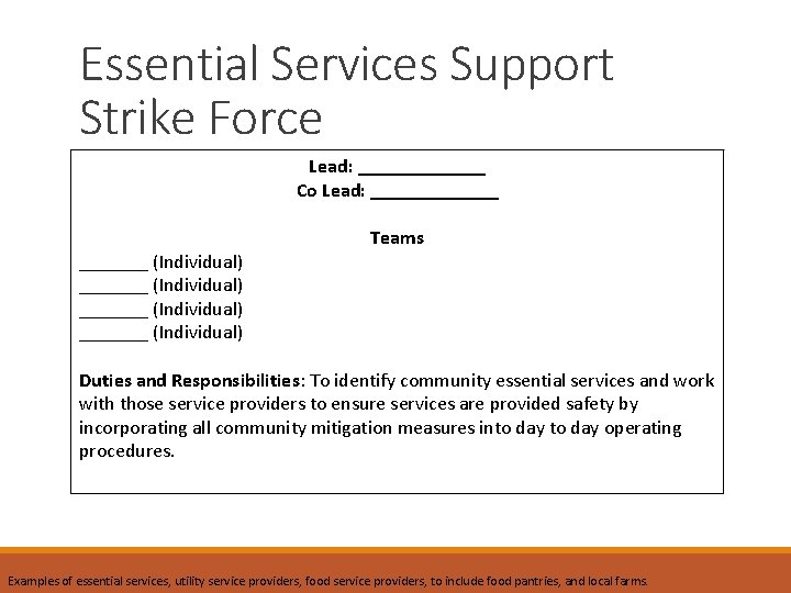 Essential Services Support Strike Force Lead: _______ Co Lead: _______ (Individual) _______ (Individual) Teams