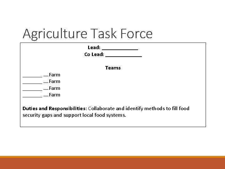 Agriculture Task Force Lead: _______ Co Lead: _______ …. Farm _______ …. Farm Teams
