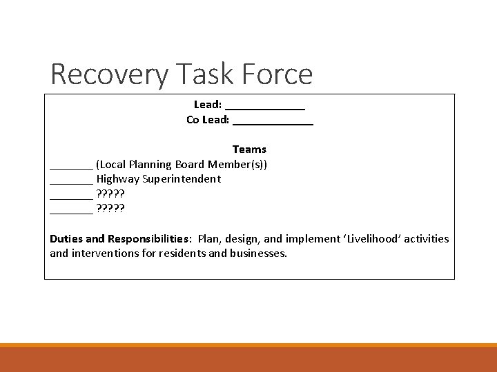 Recovery Task Force Lead: _______ Co Lead: _______ Teams _______ (Local Planning Board Member(s))