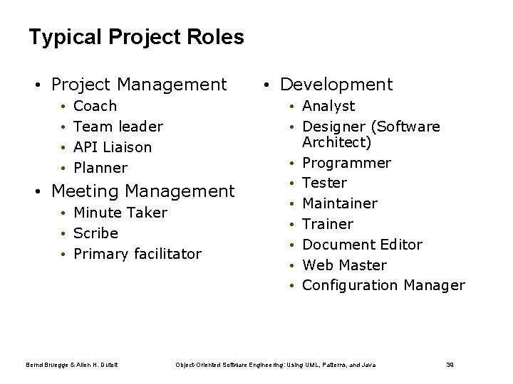 Typical Project Roles • Project Management • • Coach Team leader API Liaison Planner