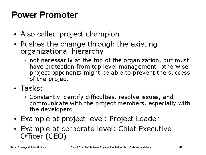 Power Promoter • Also called project champion • Pushes the change through the existing