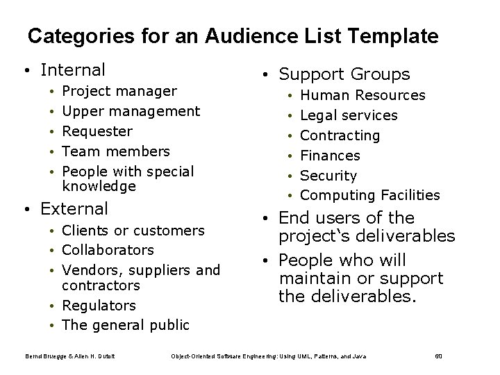 Categories for an Audience List Template • Internal • • • Project manager Upper