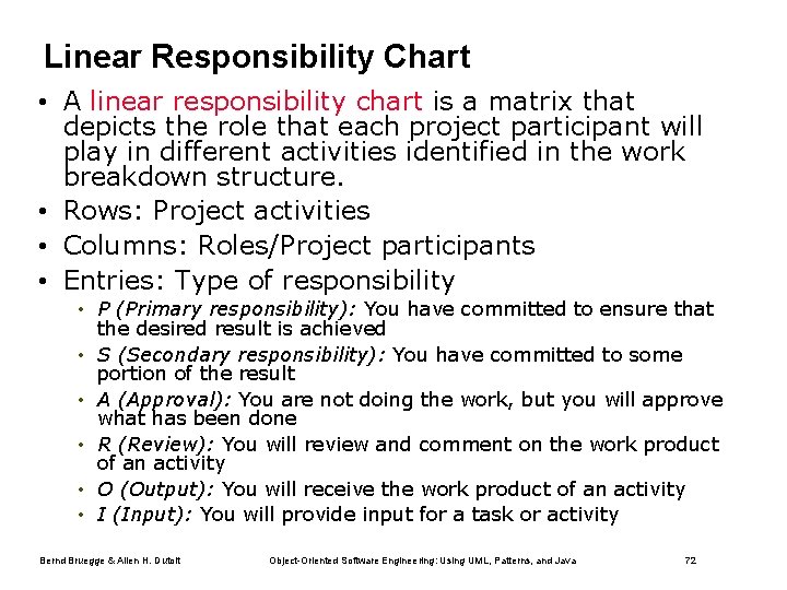Linear Responsibility Chart • A linear responsibility chart is a matrix that depicts the