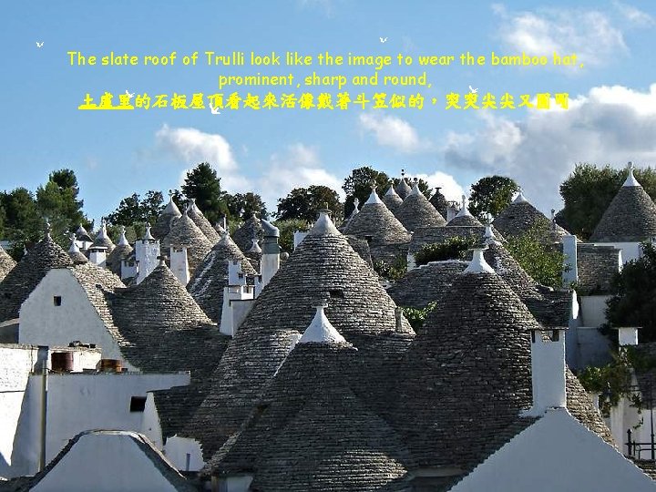 The slate roof of Trulli look like the image to wear the bamboo hat,