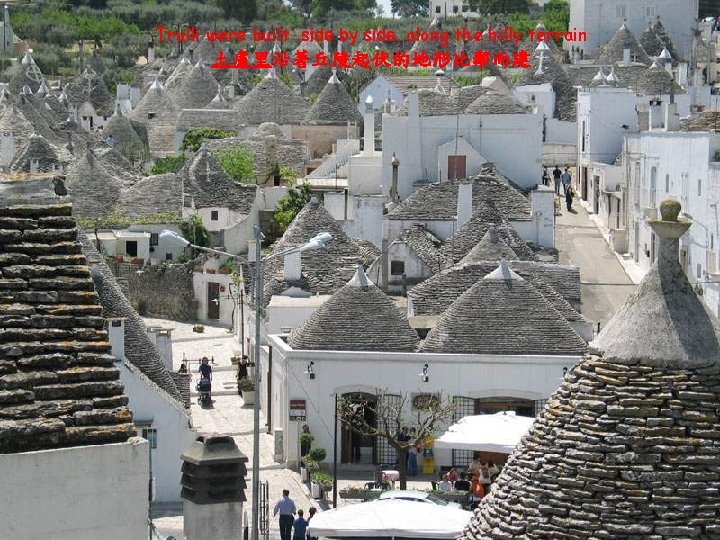 Trulli were built , side by side, along the hilly terrain 土盧里沿著丘陵起伏的地形比鄰而建 