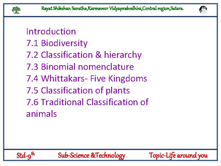 Rayat Shikshan Sanstha, Karmaveer Vidyaprabodhini, Central region, Satara. Introduction 7. 1 Biodiversity 7. 2