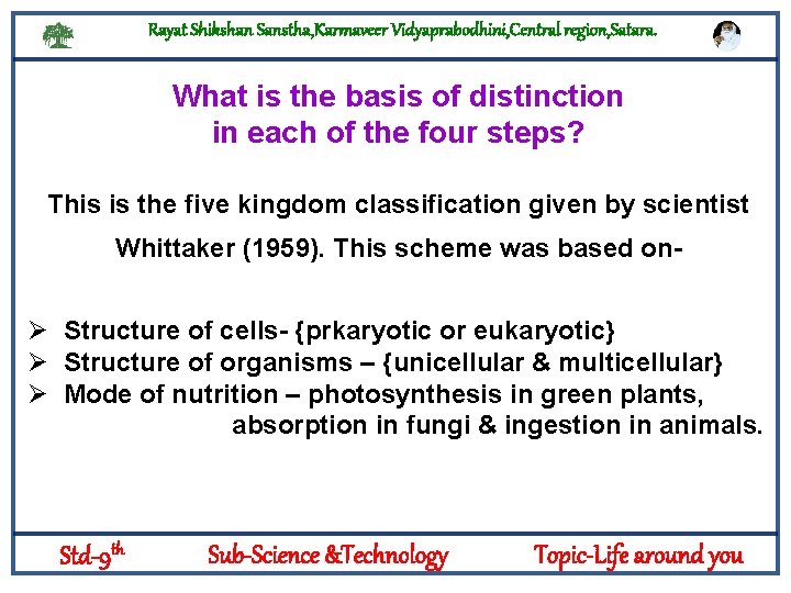 Rayat Shikshan Sanstha, Karmaveer Vidyaprabodhini, Central region, Satara. What is the basis of distinction