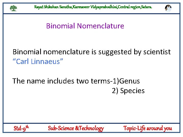 Rayat Shikshan Sanstha, Karmaveer Vidyaprabodhini, Central region, Satara. Binomial Nomenclature Binomial nomenclature is suggested