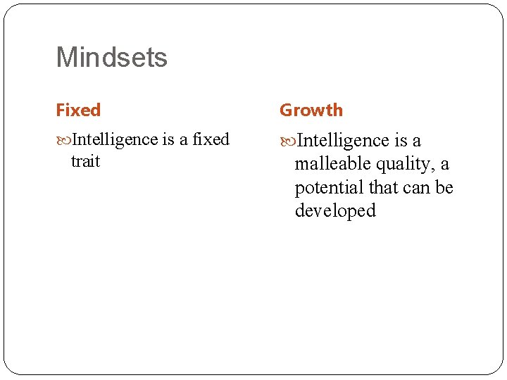 Mindsets Fixed Growth Intelligence is a fixed Intelligence is a trait malleable quality, a