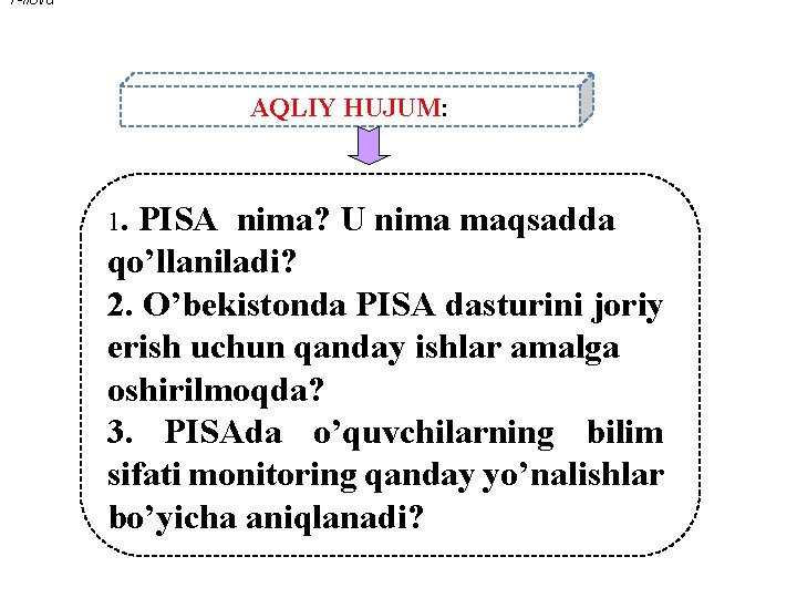 1 -ilova AQLIY HUJUM: 1. PISA nima? U nima maqsadda qo’llaniladi? 2. O’bekistonda PISA