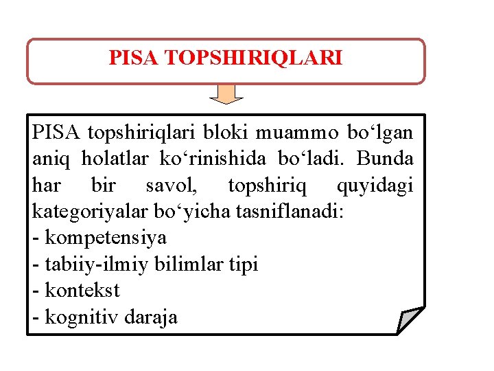 PISA TOPSHIRIQLARI PISA topshiriqlari bloki muammo bo‘lgan aniq holatlar ko‘rinishida bo‘ladi. Bunda har bir