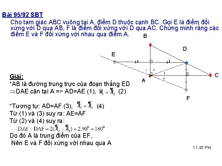 Bài 95/92 SBT Cho tam giác ABC vuông tại A, điểm D thuộc cạnh