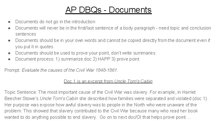 AP DBQs - Documents ● ● ● Documents do not go in the introduction