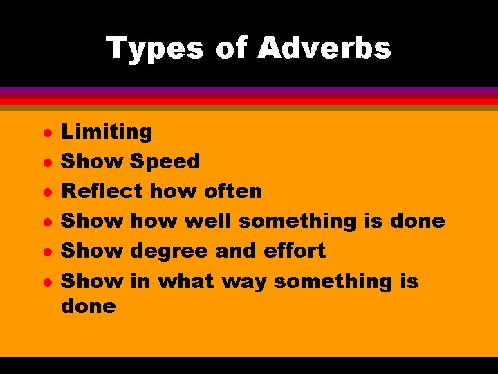 Types of Adverbs l l l Limiting Show Speed Reflect how often Show well