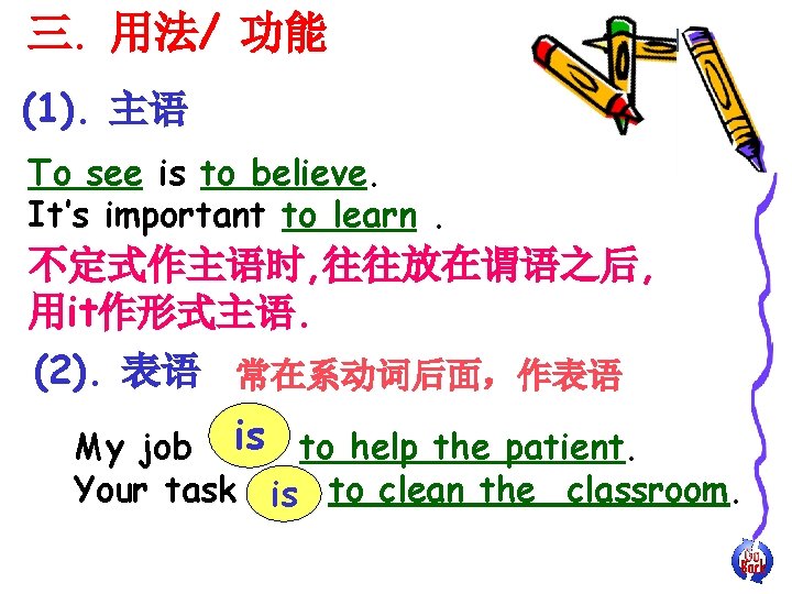三. 用法/ 功能 (1). 主语 To see is to believe. It’s important to learn.
