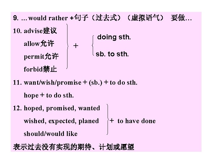 9. …would rather +句子（过去式）（虚拟语气） 要做… 10. advise建议 allow允许 + permit允许 doing sth. sb. to