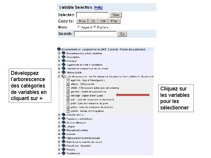 Développez l’arborescence des catégories de variables en cliquant sur + Cliquez sur les variables