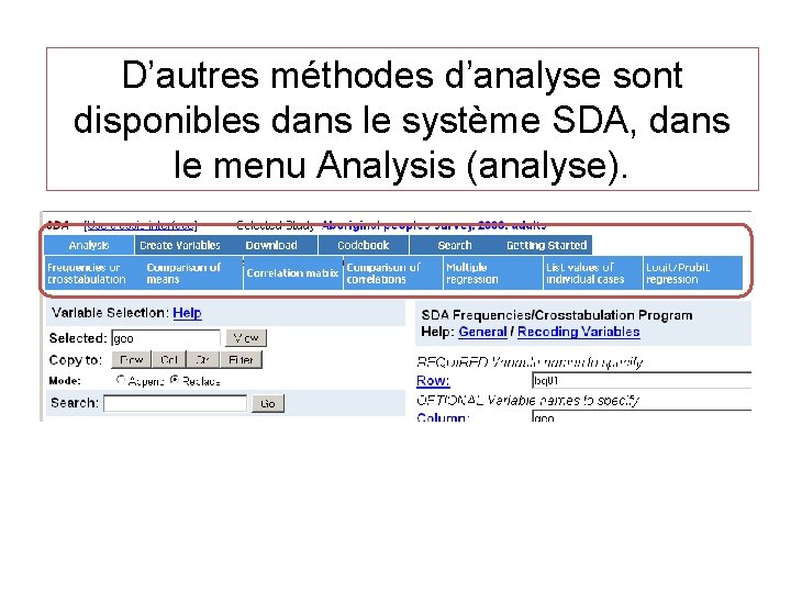 D’autres méthodes d’analyse sont disponibles dans le système SDA, dans le menu Analysis (analyse).